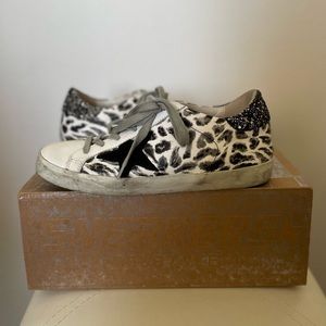 Golden Goose leopard black and white with gray sparkle superstar sneaker